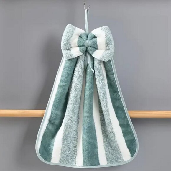 Shiloh Striped Green Bow Topper Hanging Microfiber Fingertip Towel Gift Packaged - Picture 1 of 7